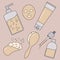 Wonderful beauti cosmetic set vector illustration. Moisturizing face mask  anti-cellulite brush  soap with foam  lotion  gel