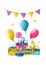 Wonderful bright composition of balloons, gift boxes, caps, lollipops, stars, macaroons for greeting card poster or banner for