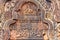 Wonderful carvings in the kudu-arch at the temple. Banteay Srei temple, Siem Reap, Cambodia, Asia