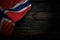 Wonderful dark illustration of Norway flag with large folds on old wood with free place for your content - any celebration flag 3d