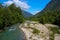 Wonderful day: Beautiful Skeena River leads through beautiful mountain scenery / British Columbia / Canada