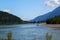 Wonderful day: Beautiful Skeena River leads through beautiful mountain scenery / British Columbia / Canada