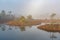 A wonderful early morning by a marsh lake surrounded by fog