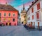 Wonderful evening view of famous medieval fortified city and the Clock Tower built by Saxons. Spectacular summer cityscape of Sig