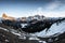 Wonderful fisheye view of scenic snowy landscape in italian dolomites in sunset, peak tre cime di lavaredo in the back