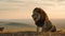 wonderful full body picture of a male lion sitting in the steppes of Africa on a hill