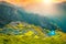 Wonderful glacier lake and mountain ridge at sunset, Romania