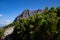 Wonderful hiking trail with conifers and the mountain `GroÃŸer Rettenstein` in the background