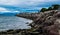 Wonderful landscape of bridge against blue cloudy sky. Bolsoy Bridge or Bolsoybrua crosses the Bolsoysund strait between mainland