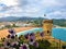 Wonderful landscape in Tossa de Mar, Spain. Medieval tower, beach, sea and flowers