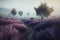 Wonderful lavender field in the fog. AI generative