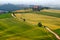 Wonderful misty Tuscany landscape with curved road and cypresses, Italy