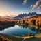 Wonderful nature landscape in the Dolomites Alps. Great view on famous Federa lake with reflerted during sunrise.