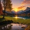 Wonderful nature landscape in the Dolomites Alps. Great view on famous Federa lake with reflerted during sunrise.