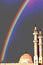 A wonderful nice colorful photo of mosque with minaret and rainbow in cairo Egypt,  used as illustration, wallpaper, abstract, ba