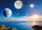 Wonderful Ocean View, neptune,uranus,saturn,pluto,mercury, venus,earth,mars and the moon blue sky.