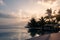 Wonderful poolside and sunset sky. Luxurious tropical beach landscape, deck chairs and loungers and water reflection in Maldives