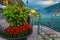 Wonderful promenade with colorful flowers, Limone sul Garda, Lombardy, Italy