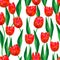 Wonderful Red tulips and green leaves on a white background. Wonderful seamless pattern.