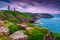 Wonderful rocky and flowery coastline with lighthouse, Cap Frehel, France