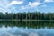 Wonderful scenery with a lake on a sunny summer day, tree silhouettes, blue skies with clouds reflected in calm water