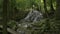 Wonderful scenery of water stream flowing from cascade over the rocks through green plant in fertile forest.