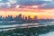 Wonderful skyline of Miami at sunset, aerial view