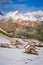 Wonderful small cottage in snowy Dolomites in spring, Italy