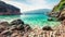Wonderful spring view of Limni Beach Glyko. Colorful morning seascape of Ionian Sea. Picturesque outdoor scene of Corfu island,