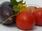 Wonderful still life with a flower of cucumber, eggplant, tomatoes and onions