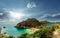 Wonderful summertime panoramic seascape. A panorama of Porto Timoni beach. Unique secluded beach. Agios Stefanos cape. Afionas.