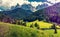 Wonderful Sunny Landscape of Dolomite Alps. Countryside view of the St. Magdalena or Santa Maddalena in the National Park Puez