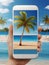 Wonderful tropical landscape with palms and beach on the screen of smartphone on sand. Unusual 3D illustration.