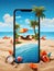 Wonderful tropical landscape with palms and beach on the screen of smartphone on sand. Unusual 3D illustration.