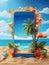 Wonderful tropical landscape with palms and beach on the screen of smartphone on sand. Unusual 3D illustration.