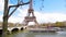 Wonderful view on Eiffel tower, cruise boat and bridge