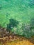 Wonderful view of the surface of the water. Through the clear water with blue and green shades you can see the seabed with rocks,