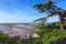 Wonderful wide angle view from walls of Mont Saint Michel abbey on the bay and bridge during the low tide. Normandy, France