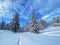 Wonderful winter hiking trails and traces on the fresh alpine snow cover of the Swiss Alps, SchwÃ¤galp mountain pass - Switzerland