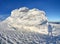 Wonderful winter landscape on a sunny day. Unreal, fantastic, mystical, frozen texture with frost, ice and snow.