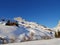 Wonderful winter landscape with traditional wooden mountain huts in Partnun. Praettigau, Graubuenden, Switzerland.