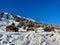 Wonderful winter landscape with traditional wooden mountain huts in Partnun. Praettigau, Graubuenden, Switzerland.