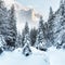 Wonderful wintry landscape. Winter mountain forest. Majestic Mountain on background. creative artistic Colage. Majestic snow