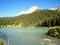 Wonderfully view over a blue swiss lake with snow-covered mountains and flowers