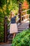 Wondering young blond woman on a wooden bridge