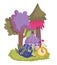 Wonderland, cat lamp clock trees meadow cartoon