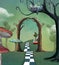 Wonderland series - Surreal countryside view with a secret  passage and cheshire cat