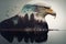 Wondrous bird of of prey eagle portrait with double exposure nature background