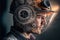 Wondrous portrait of engineer cover with steel gears in double exposure.