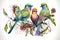 Wondrous watercolor painting of colorful birds perched on tree branch.